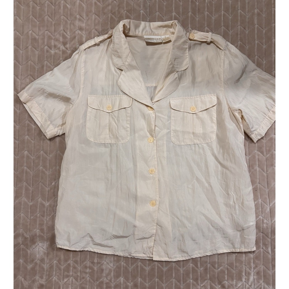 VTG 100% Silk Safari Shirt Sz 12 Cream Short Sleeve Gorpcore Utilitarian Blouse - Picture 7 of 14
